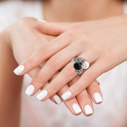Sterling Silver Rhodium Plated Black And White Plastic Imitation Pearl Marcasite Ring