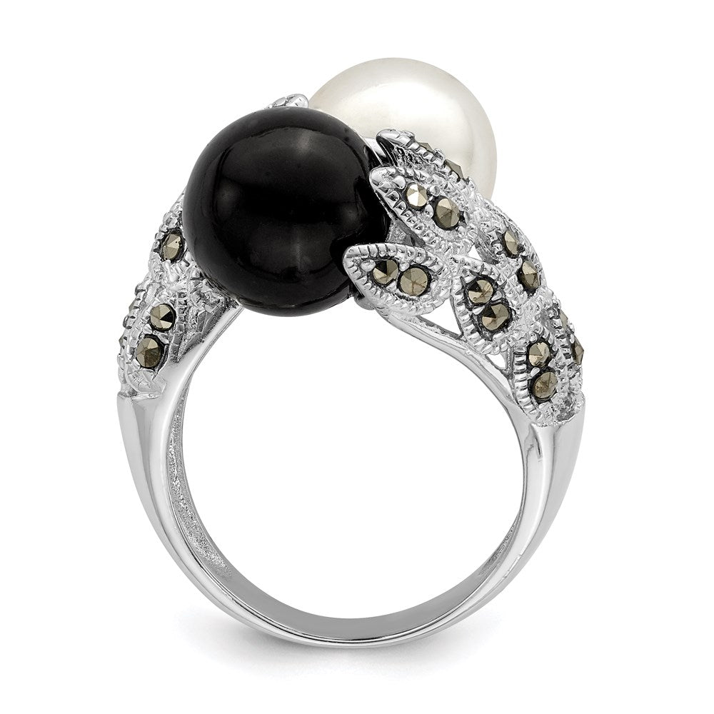Sterling Silver Rhodium Plated Black And White Plastic Imitation Pearl Marcasite Ring