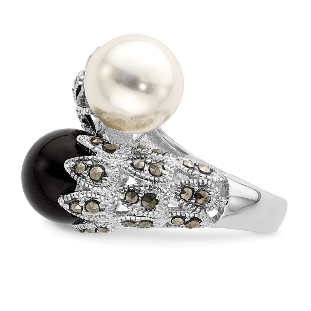 Sterling Silver Rhodium Plated Black And White Plastic Imitation Pearl Marcasite Ring
