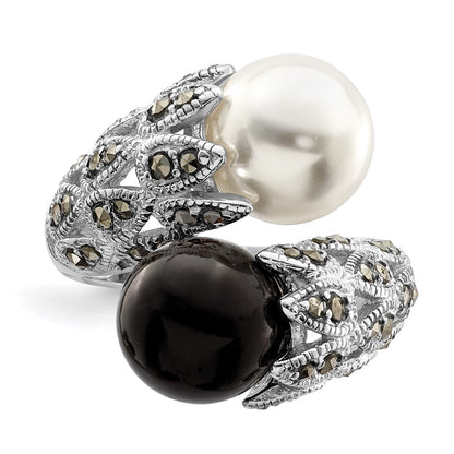 Sterling Silver Rhodium Plated Black And White Plastic Imitation Pearl Marcasite Ring
