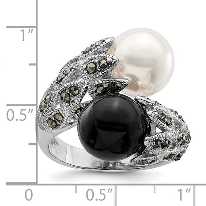 Sterling Silver Rhodium Plated Black And White Plastic Imitation Pearl Marcasite Ring