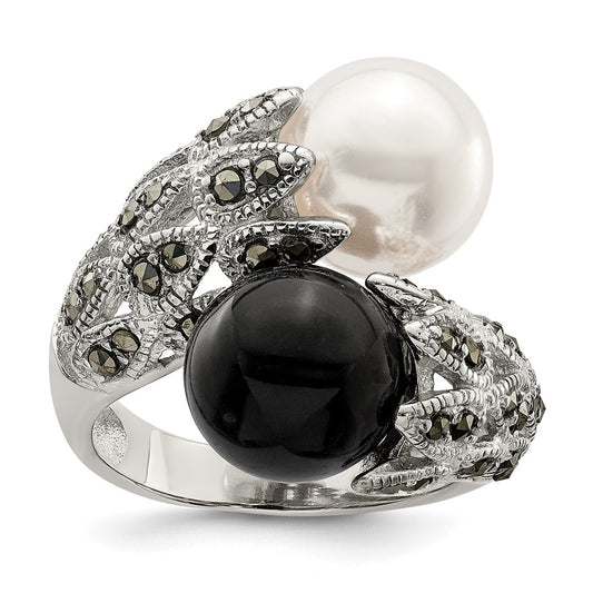 Sterling Silver Rhodium Plated Black And White Plastic Imitation Pearl Marcasite Ring