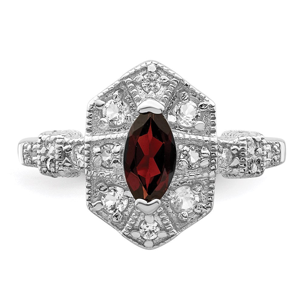 Sterling Silver Rhodium Plated Dark Red Marquise Cz Ring