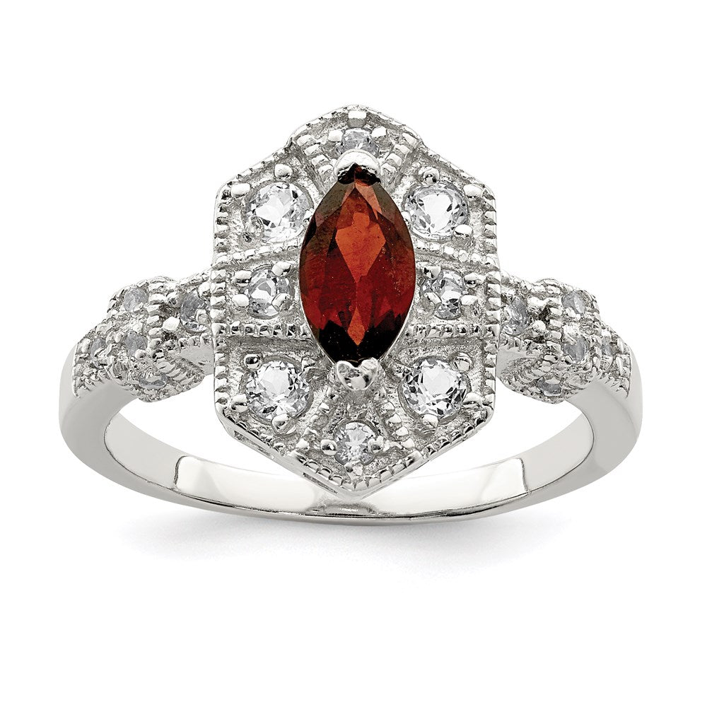 Sterling Silver Rhodium Plated Dark Red Marquise Cz Ring