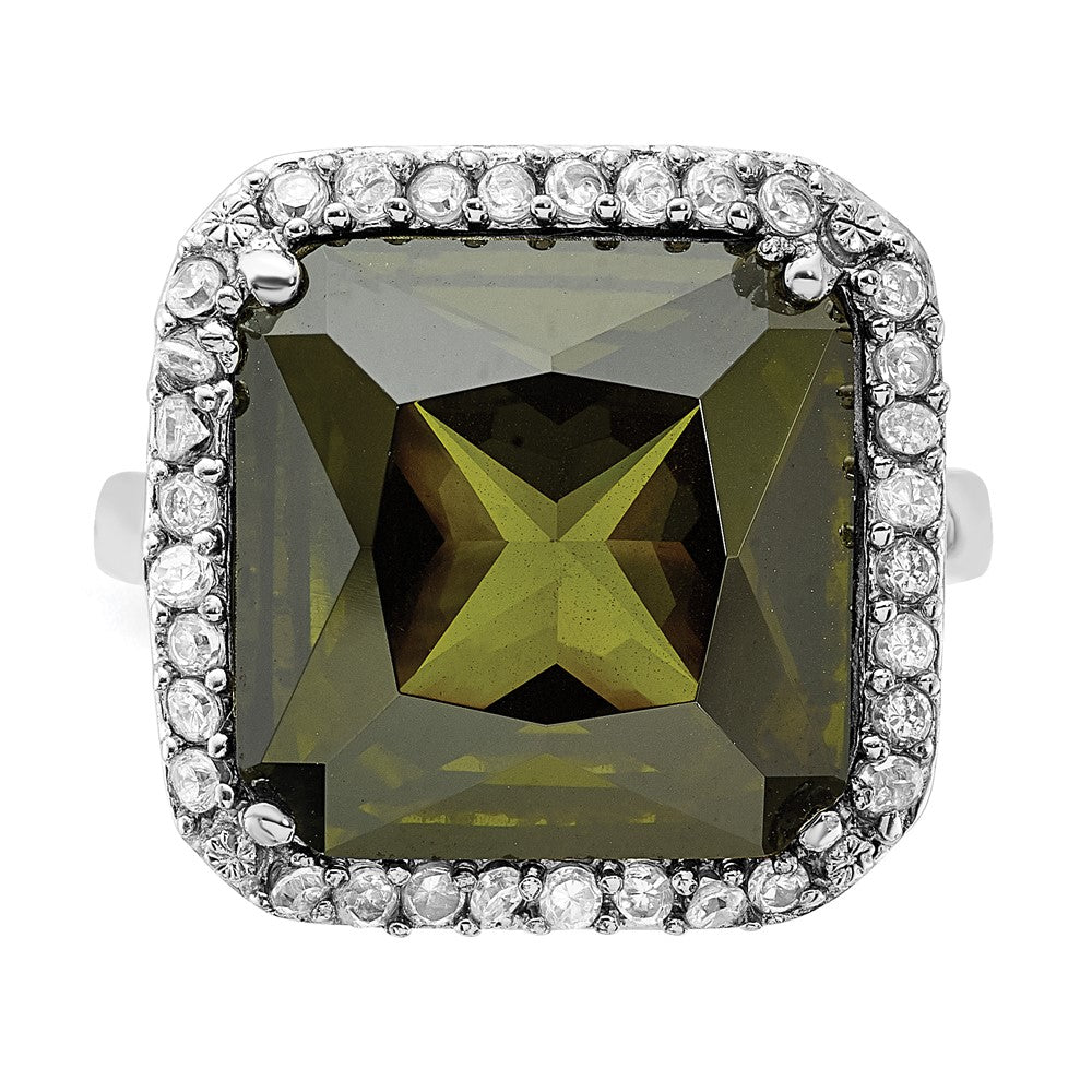 Sterling Silver Polished Green & Clear Cz Square Ring
