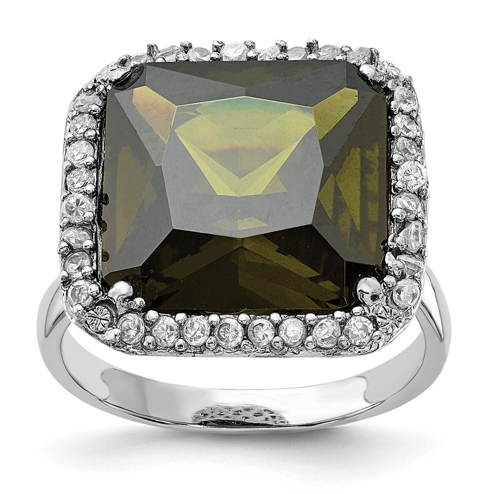 Sterling Silver Polished Green & Clear Cz Square Ring