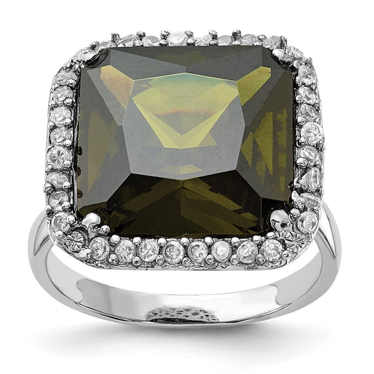 Sterling Silver Polished Green & Clear Cz Square Ring