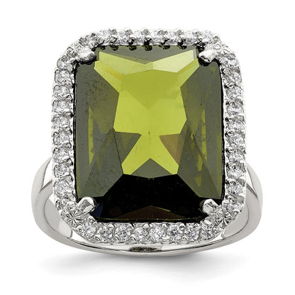 Sterling Silver Rectangle Clear & Green Cz Ring (Size 8 Only)