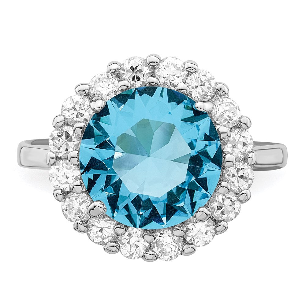 Sterling Silver Rhodium Plated Blue & Clear Cz Ring