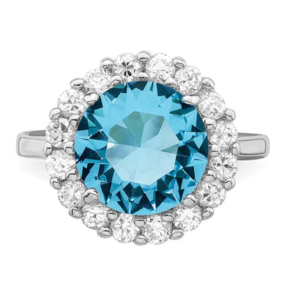 Sterling Silver Rhodium Plated Blue & Clear Cz Ring