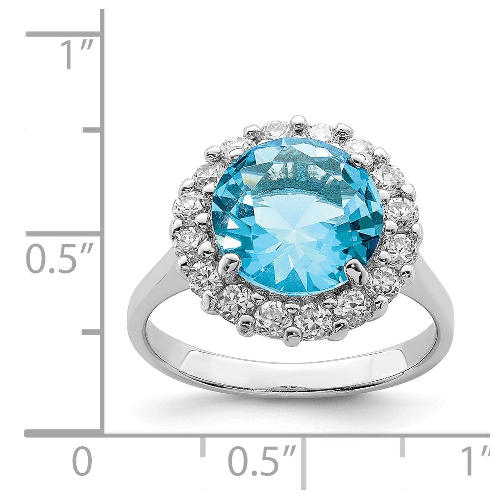 Sterling Silver Rhodium Plated Blue & Clear Cz Ring