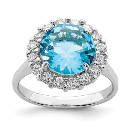 Sterling Silver Rhodium Plated Blue & Clear Cz Ring