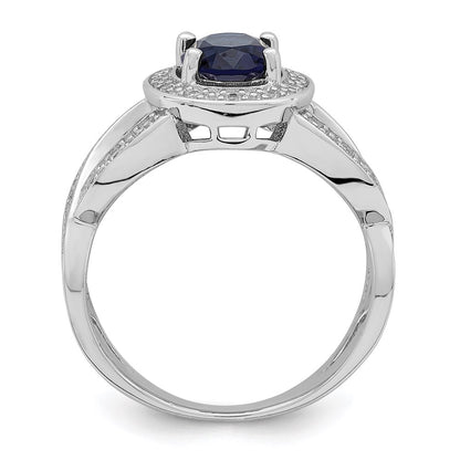 Sterling Silver Rhodium Plated Dark Blue Glass And Cz Ring