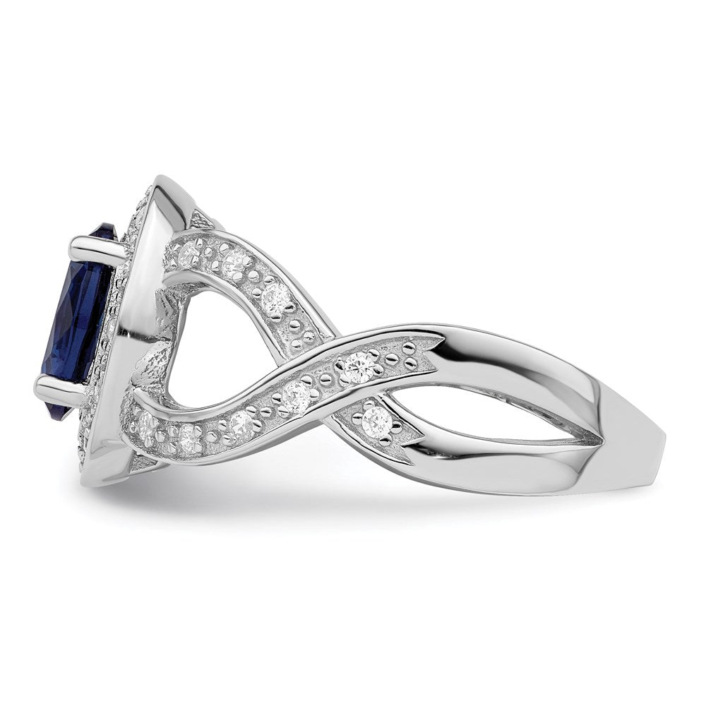 Sterling Silver Rhodium Plated Dark Blue Glass And Cz Ring