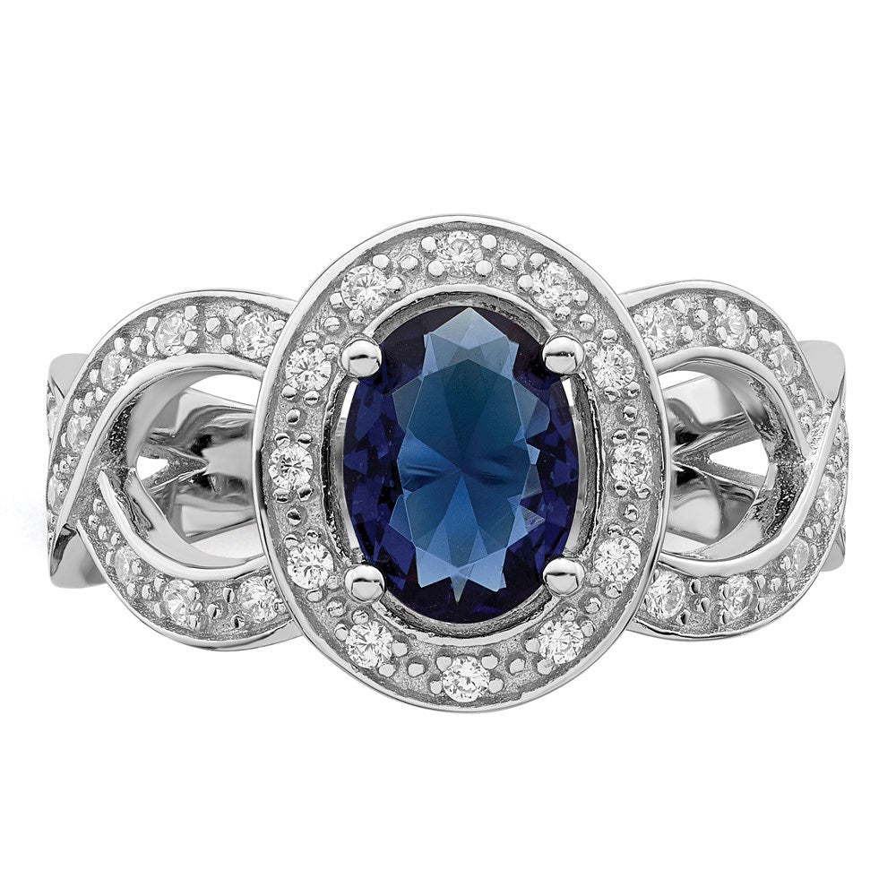 Sterling Silver Rhodium Plated Dark Blue Glass And Cz Ring