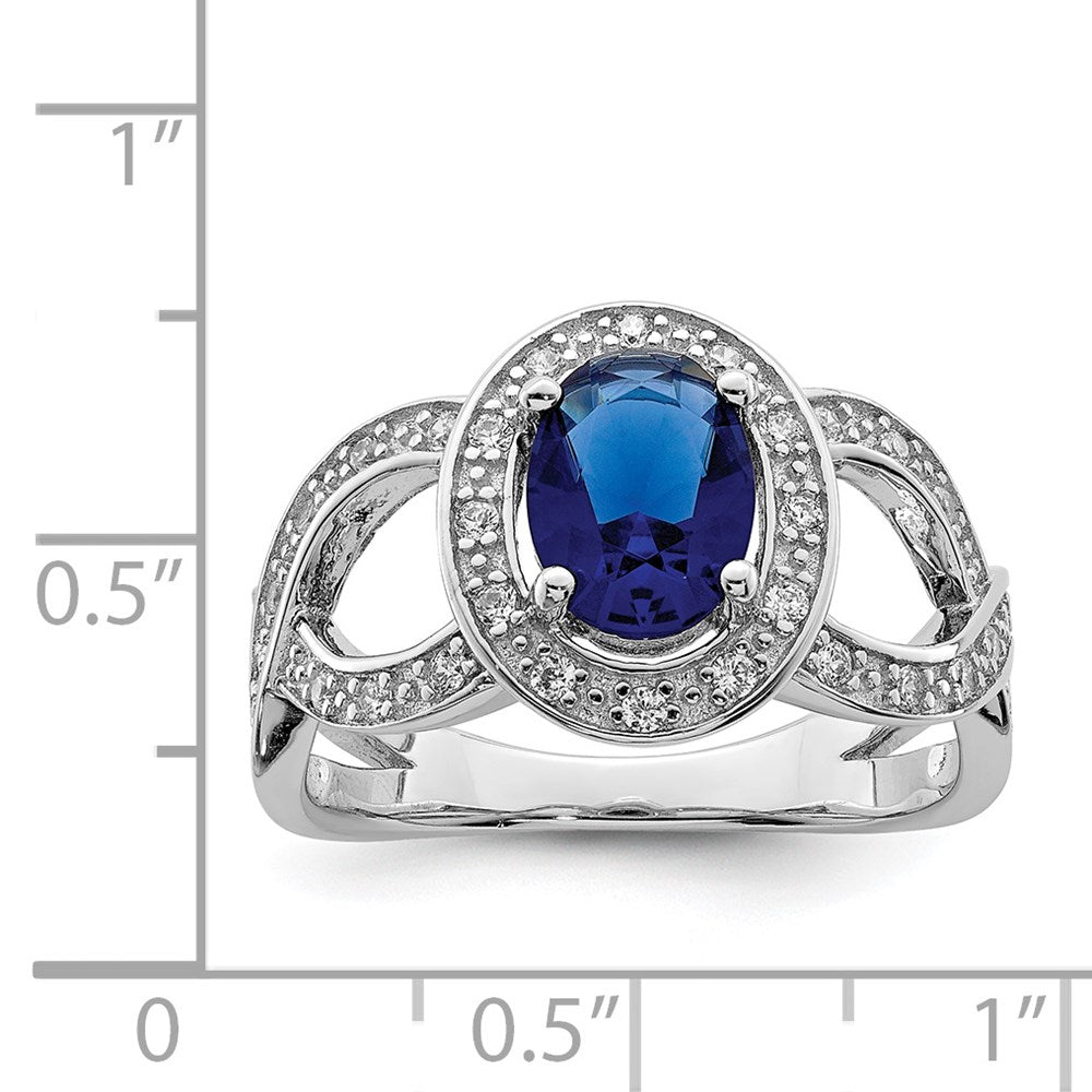 Sterling Silver Rhodium Plated Dark Blue Glass And Cz Ring