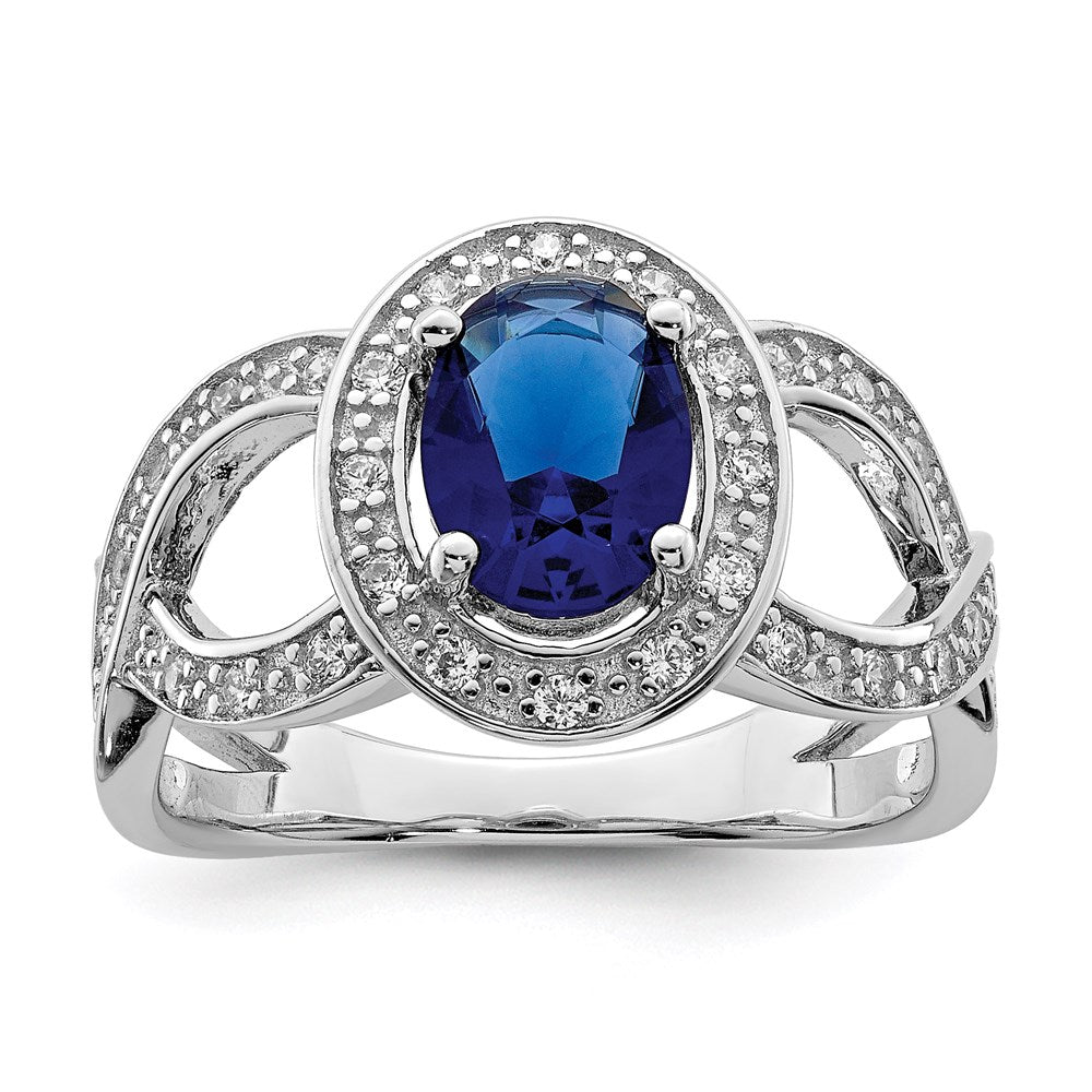 Sterling Silver Rhodium Plated Dark Blue Glass And Cz Ring