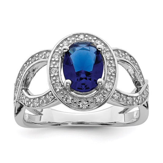 Sterling Silver Rhodium Plated Dark Blue Glass And Cz Ring