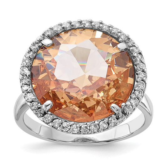 Sterling Silver Polished Champagne & Clear Cz Circle Ring