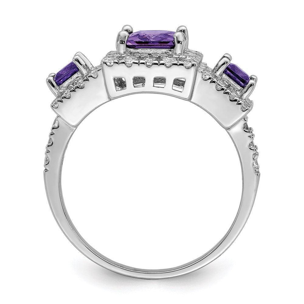 Sterling Silver Rhodium Plated Purple Square Cz Ring