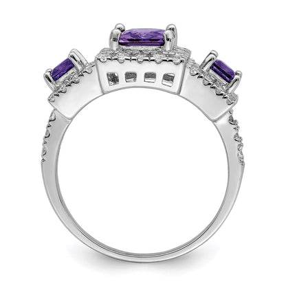 Sterling Silver Rhodium Plated Purple Square Cz Ring