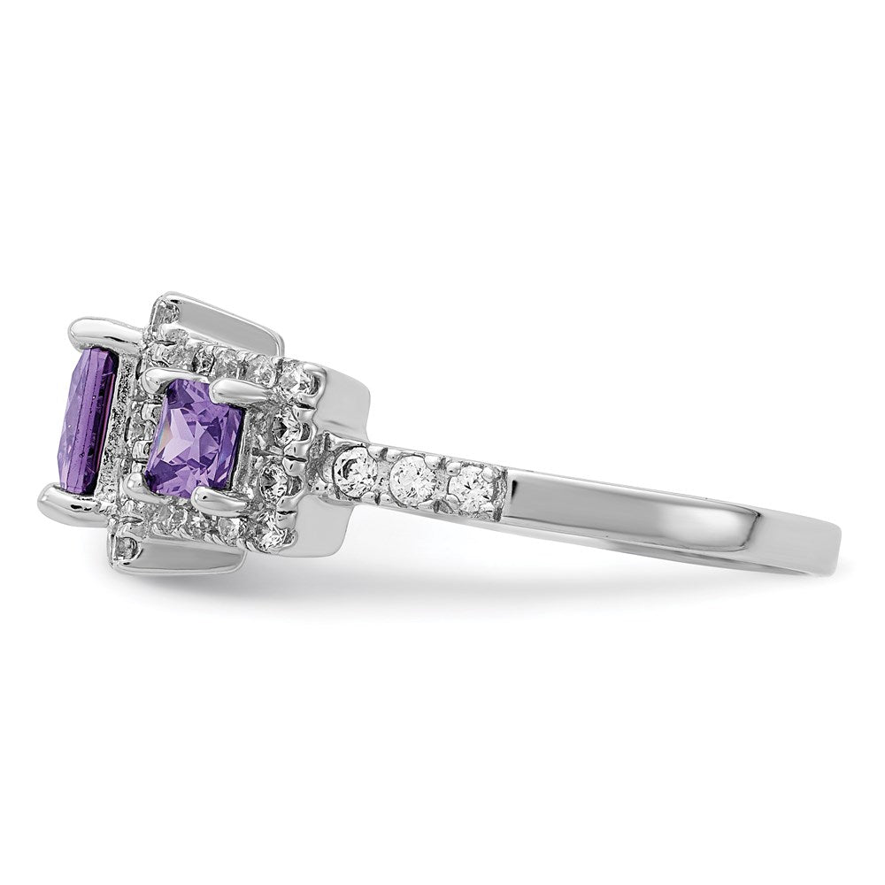 Sterling Silver Rhodium Plated Purple Square Cz Ring