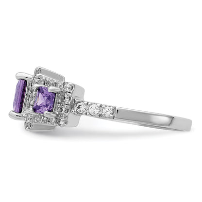 Sterling Silver Rhodium Plated Purple Square Cz Ring