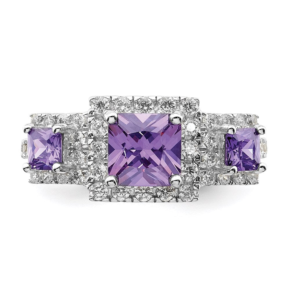 Sterling Silver Rhodium Plated Purple Square Cz Ring