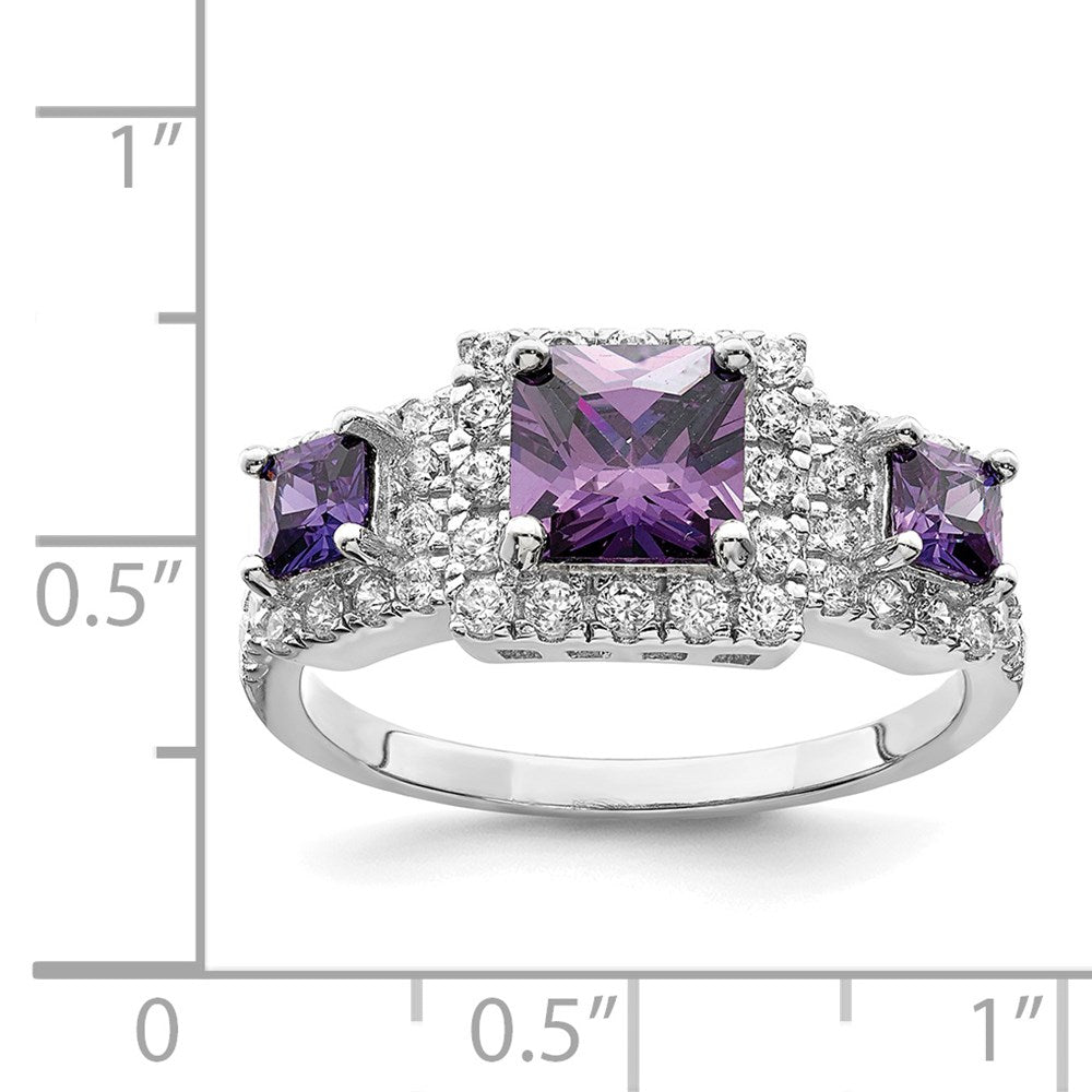 Sterling Silver Rhodium Plated Purple Square Cz Ring