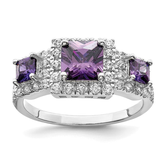 Sterling Silver Rhodium Plated Purple Square Cz Ring