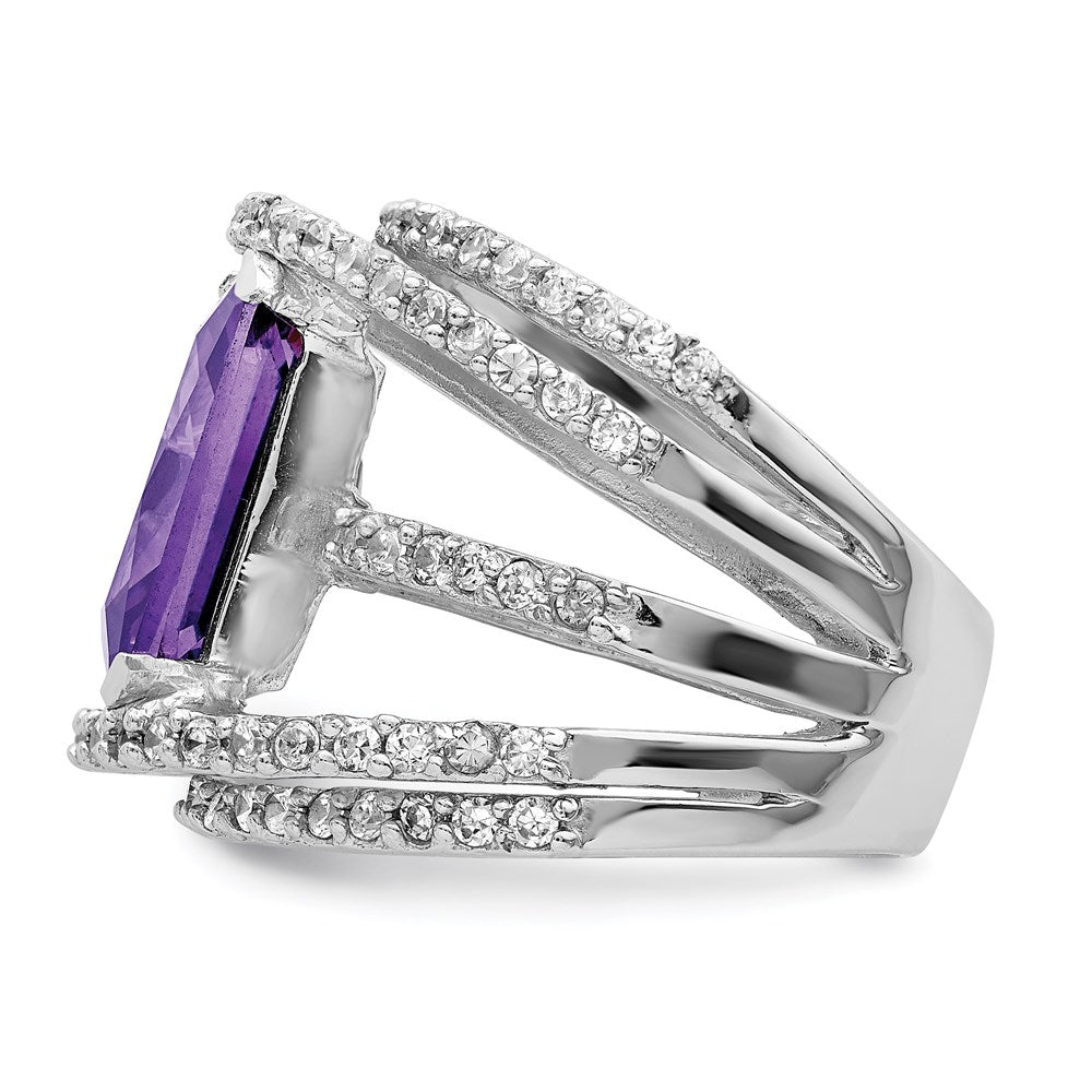 Sterling Silver Rhodium Plated Purple & Clear Cz Ring