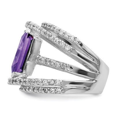 Sterling Silver Rhodium Plated Purple & Clear Cz Ring