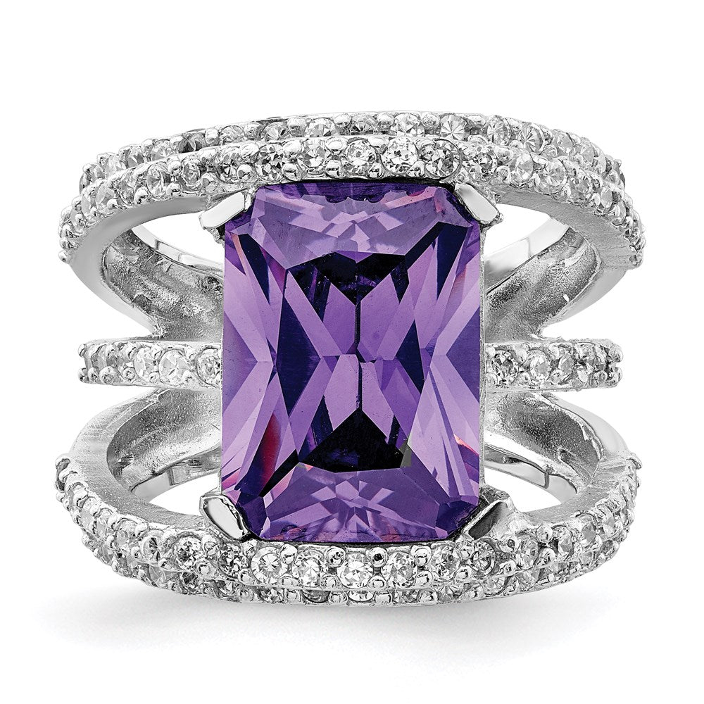 Sterling Silver Rhodium Plated Purple & Clear Cz Ring