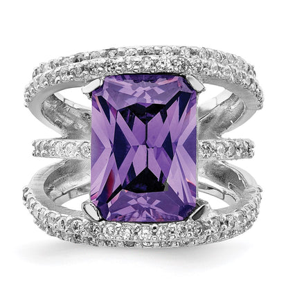 Sterling Silver Rhodium Plated Purple & Clear Cz Ring