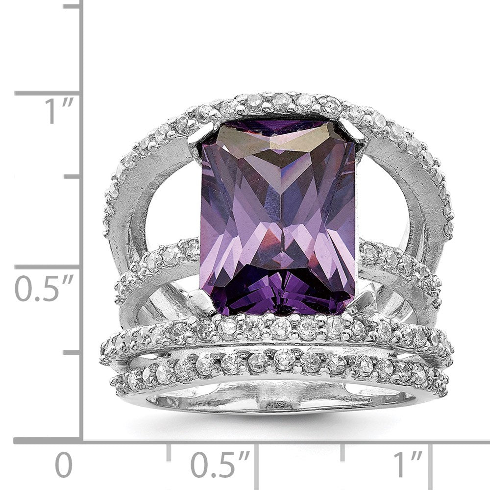 Sterling Silver Rhodium Plated Purple & Clear Cz Ring