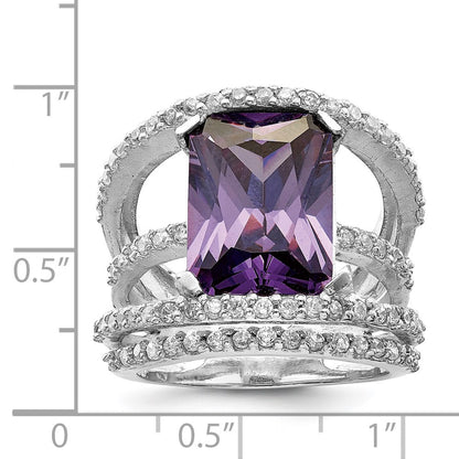 Sterling Silver Rhodium Plated Purple & Clear Cz Ring