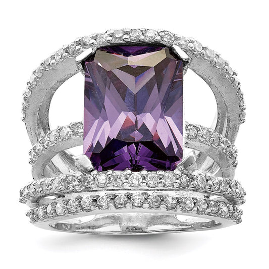 Sterling Silver Rhodium Plated Purple & Clear Cz Ring