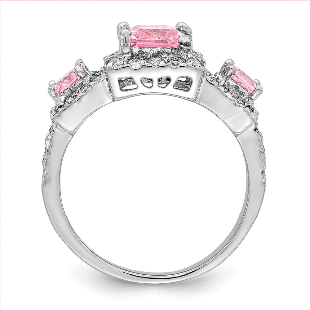Sterling Silver Rhodium Plated Pink Square Cz Ring