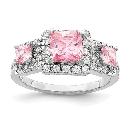 Sterling Silver Rhodium Plated Pink Square Cz Ring
