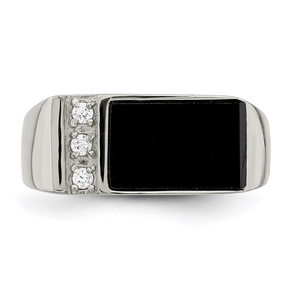 Sterling Silver Rhodium Plated Onyx & Cz Ring