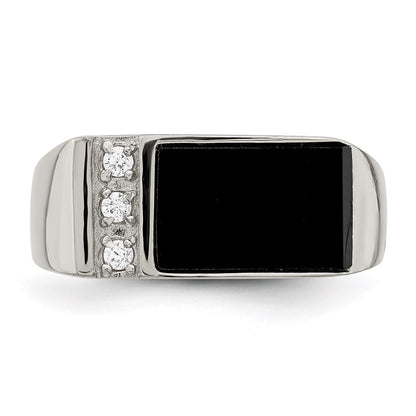 Sterling Silver Rhodium Plated Onyx & Cz Ring