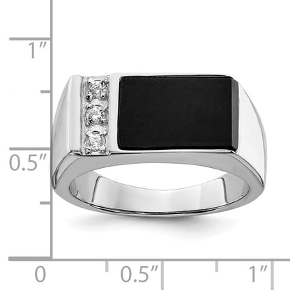 Sterling Silver Rhodium Plated Onyx & Cz Ring