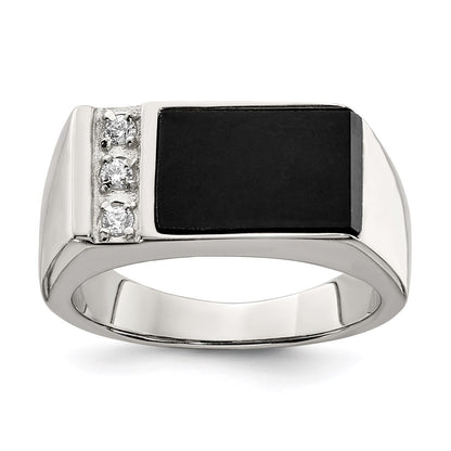Sterling Silver Rhodium Plated Onyx & Cz Ring