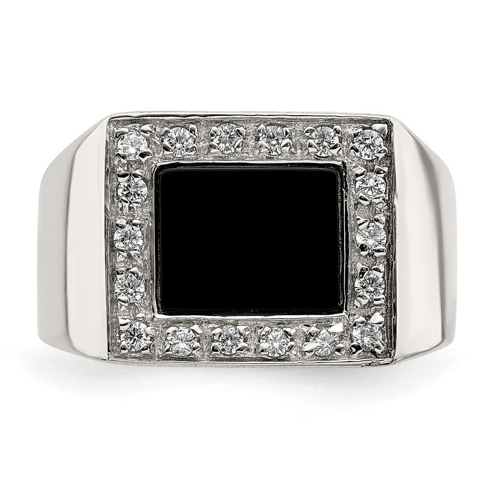 Sterling Silver Rhodium Plated Men'S Cz & Onyx Ring