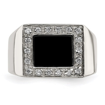 Sterling Silver Rhodium Plated Men'S Cz & Onyx Ring