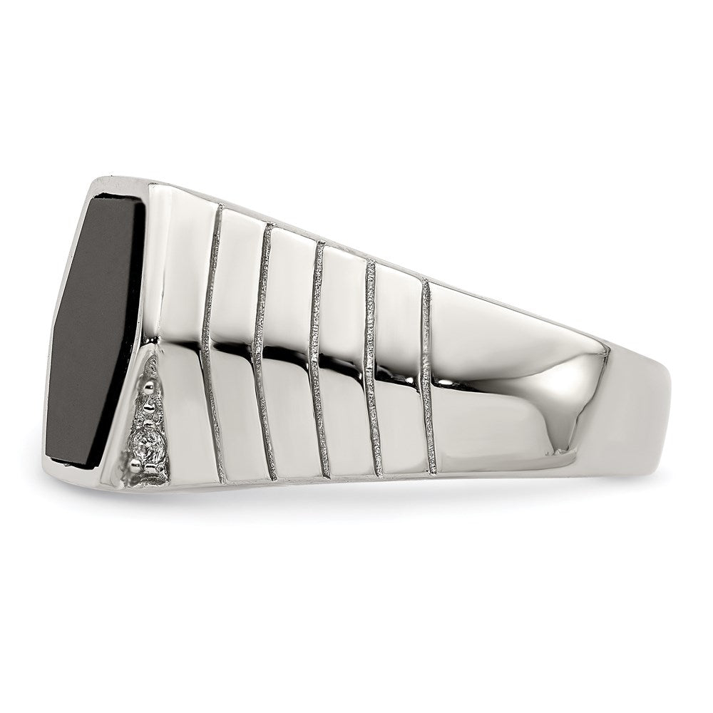 Sterling Silver Rhodium Plated Men'S Cz & Onyx Ring