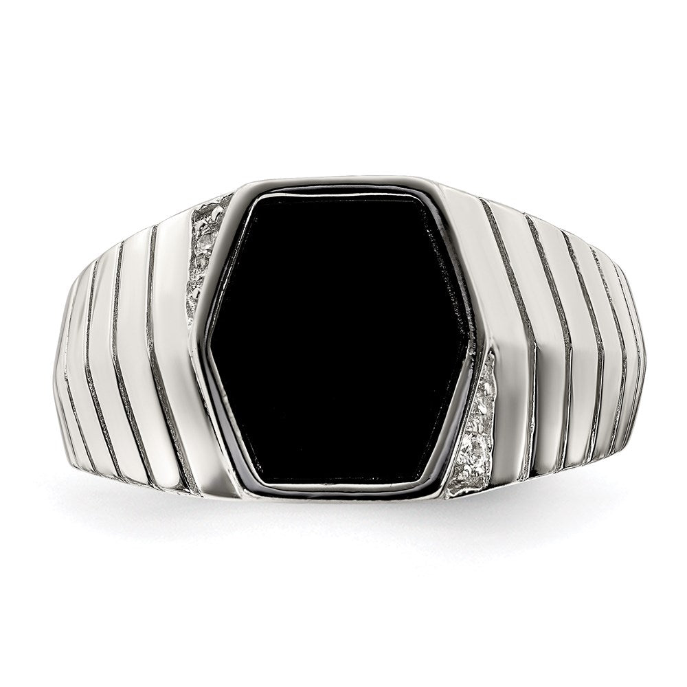 Sterling Silver Rhodium Plated Men'S Cz & Onyx Ring