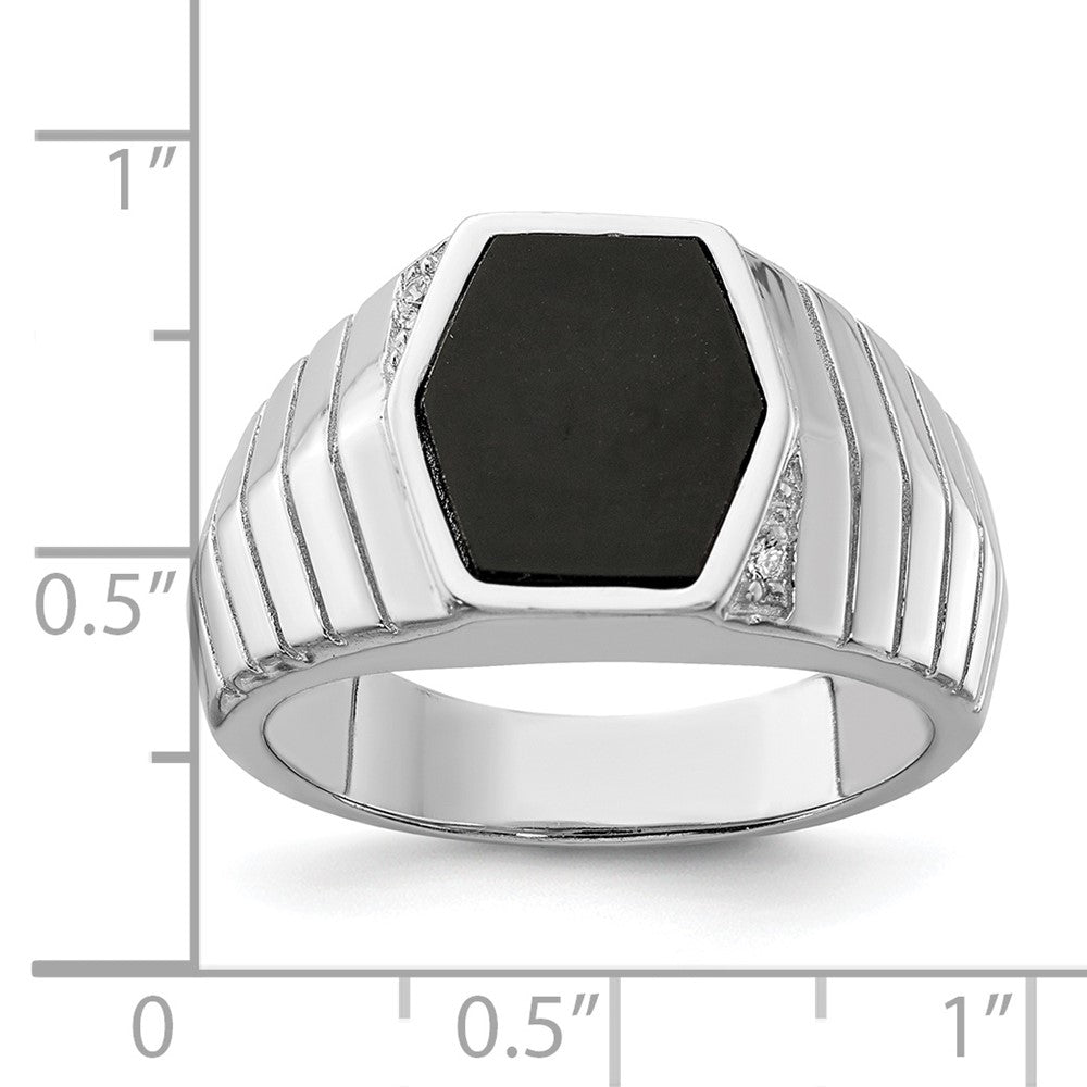 Sterling Silver Rhodium Plated Men'S Cz & Onyx Ring