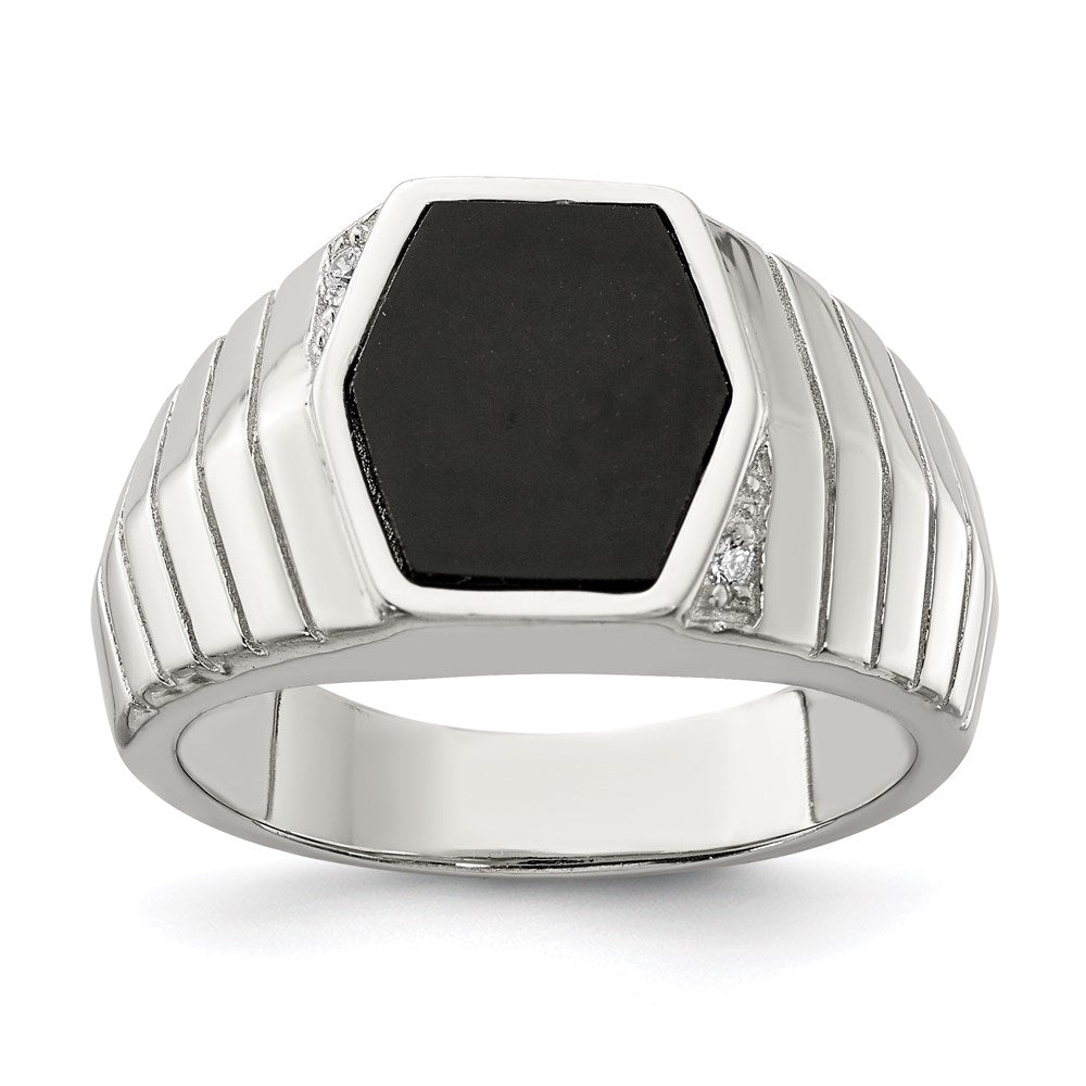 Sterling Silver Rhodium Plated Men'S Cz & Onyx Ring