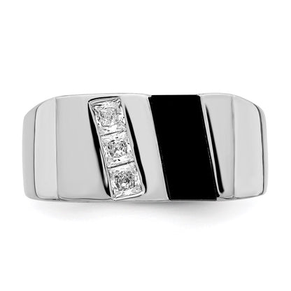 Sterling Silver Rhodium Plated Men'S Cz And Onyx Ring